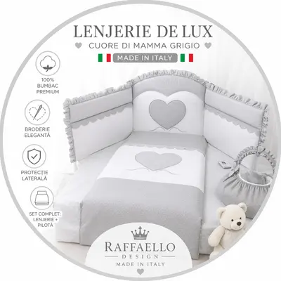 Set Lenjerie De Lux Din Bumbac Cu Broderie, Protectie Laterala, Pilota, Pentru Pat Bebelusi, Cuore Di Mamma Gri, Italia Pjblenj_cuore_grey