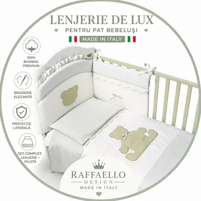 Set Lenjerie De Lux Din Bumbac Cu Broderie, Protectie Laterala, Pilota, Pentru Pat Bebelusi, Theo, Italia Pjblenj_theo_bi