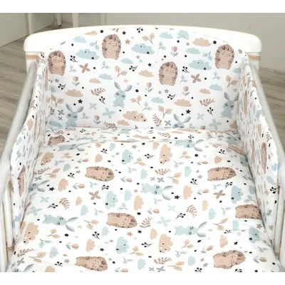 Set Lenjerie Din Bumbac Cu Protectie Laterala Pentru Pat Bebe 120 X 60 Cm, Iepuras Blue, Amy Pjb69679