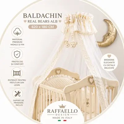 Baldachin Patut Lemn Cu Suport De Prindere Inclus Real Bears Ivory, 620x180 Cm Pjbbald_realbears_ivory
