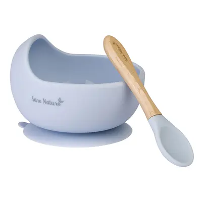 Bol Anti-alunecare Din Silicon Alimentar Si Lingurita, Set De 2 Piese Pentru Diversificare, Babyblue Pjb17402