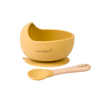 Bol Anti-alunecare Din Silicon Alimentar Si Lingurita, Set De 2 Piese Pentru Diversificare, Mustard Pjb173952