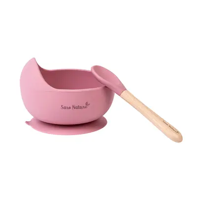 Bol Anti-alunecare Din Silicon Alimentar Si Lingurita, Set De 2 Piese Pentru Diversificare, Rose Pjb173938