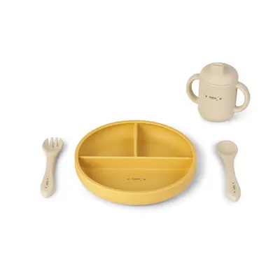 Set Diversificare Bebelusi, Silicon Alimentar Premium, 4 Piese ,   Farfurie Sectionata, Lingurita, Furculita, Cana ,    , &oelig;food  Fun,   Mustard Pjb17602