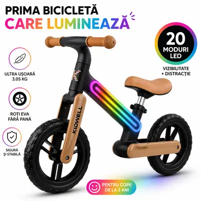 Bicicleta De Echilibru Fara Pedale Pentru Copii, Sa Reglabila, Cu Lumini Led, Roti Eva, 2 Ani+, Suno Black Beige, Kidwell Pjbrobisun03a0