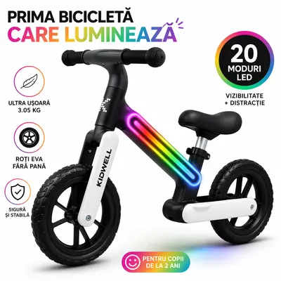Bicicleta De Echilibru Fara Pedale Pentru Copii, Sa Reglabila, Cu Lumini Led, Roti Eva, 2 Ani+, Suno Black White, Kidwell Pjbrobisun02a0