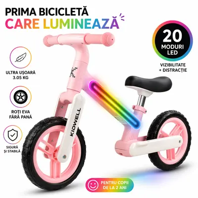 Bicicleta De Echilibru Fara Pedale Pentru Copii, Sa Reglabila, Cu Lumini Led, Roti Eva, 2 Ani+, Suno Pink, Kidwell Pjbrobisun01a0