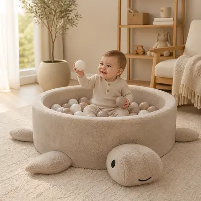 Piscina Cu Bile Boucle Pentru Copii Meowbaby   Turtle ,   Cheesecake Cream Beige, Fara Bile, Material Certificat Oeko-tex Pjbmbobaz240ie