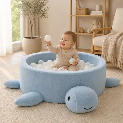 Piscina Cu Bile Boucle Pentru Copii Meowbaby   Turtle ,   Dusty Ice Blue, Fara Bile, Material Reciclat Certificat Oeko-tex Pjbmbsbaz21190ie