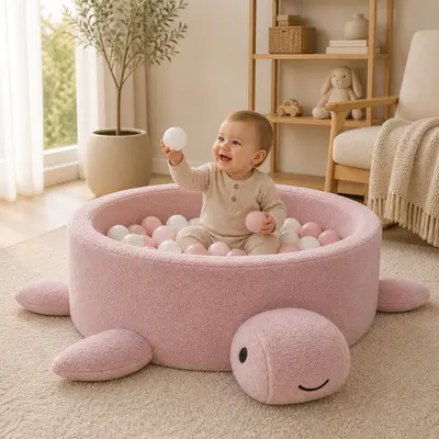 Piscina Cu Bile Boucle Pentru Copii Meowbaby   Turtle ,   Raspberry Glaze Pink, Fara Bile, Material Reciclat Certificat Oeko-tex Pjbmbsbaz21210ie