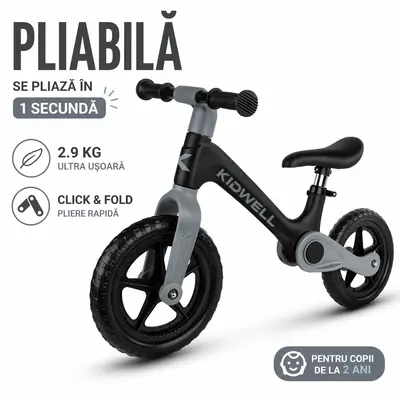 Bicicleta De Echilibru Fara Pedale Pentru Copii, Pliabila, Kidwell Flex Black, Ultra Usoara 2.9 Kg, Roti Eva 29 Cm, Reglabila, 80,  120 Cm, Max. 30 Kg Pjbrobifle01a1