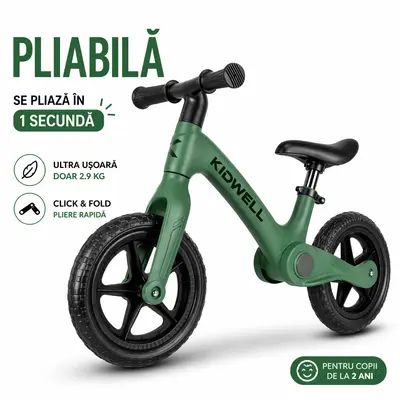 Bicicleta De Echilibru Fara Pedale Pentru Copii, Pliabila, Kidwell Flex Green, Ultra Usoara 2.9 Kg, Roti Eva 29 Cm, Reglabila, 80,  120 Cm, Max. 30 Kg Pjbrobifle03a1