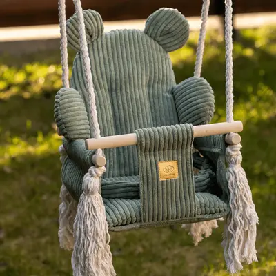 Leagan Pentru Copii Si Bebelusi, Centuri De Siguranta, Catifea Reiata, Perna Ursulet Aesthetic Olive Green, Meowbaby Pjbahbsop01