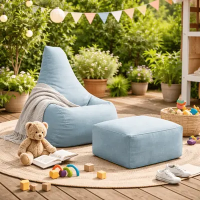 Puf Premium Copii Cu Suport Picioare Meowbaby   Tearo Outzy Cloudberry Sky Blue ,   Sako Bag Outdoor  Indoor Pentru Relaxare Si Joaca Pjbmoput67