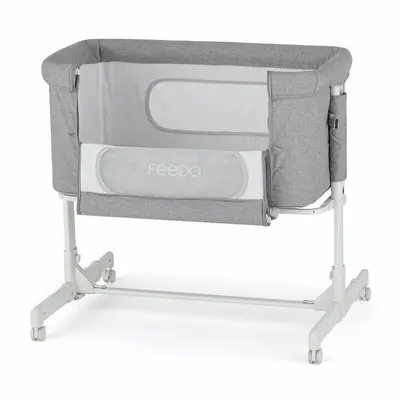 Patut co-sleeper 2 in 1, Feedo, Pliabil, Reglabil in 5 pozitii, Cu laterala detasabila, Cu roti, Greutate maxima suportata 9 kg, 0-5 luni, Gri BYN235206