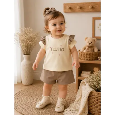 Set 2 piese donino cu broderie florala mama si maneci cu volanase tram40888