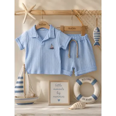 Compleu din doua piese, tricou si pantaloni scurti pentru bebelusi, junior class, model alsbs8, bumbac sbs8