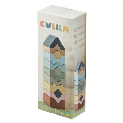 Jucarie din lemn, Cubika, Set constructii Turn 12 piese - Pastel