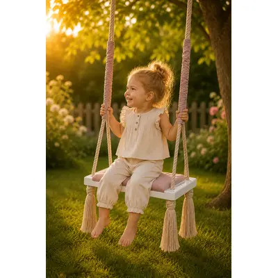 Leagan Copii Babysteps   Woodswing, Lemn, Spuma  Velvet Sepia Rose Premium, Design Scandinav, Pana La 100 Kg - Babysteps Pjbc577
