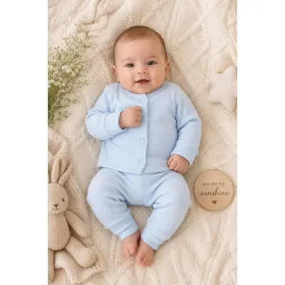 Set bebelusi din 2 piese bumbac rib &ndash; bluza cu capse si pantaloni, culoare bleu tram0004-cp1-2