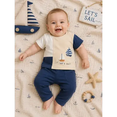 Set din doua piese pentru bebelusi, bumbac, ciciben kids, sail tram1-18