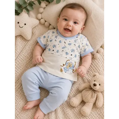 Set din doua piese pentru bebelusi, bumbac, maimutica brodata, babyim, bleu tram1-10