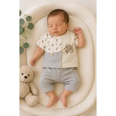 Set din doua piese pentru bebelusi, bumbac, maimutica brodata, babyim, gri tram1-4