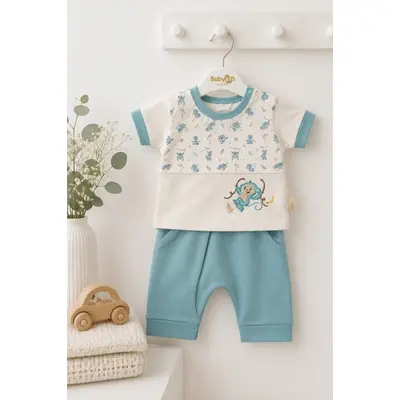 Set din doua piese pentru bebelusi, bumbac, maimutica brodata, babyim tram1-3