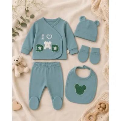Set serde bebeluși nou-născut 0&ndash;3 luni, 5 piese cu imprimarea &bdquo;i love dad&rdquo; - verde menta bgk2051-2