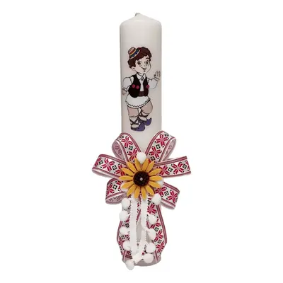 Lumanare botez pentru baietel, decorata cu motive populare romanesti, rosu traditional, Denikos&reg; LT02