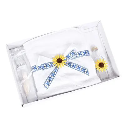 Trusou botez simplu, traditional floarea soarelui, decorat cu motive populare, albastru national, Denikos&reg; TR003