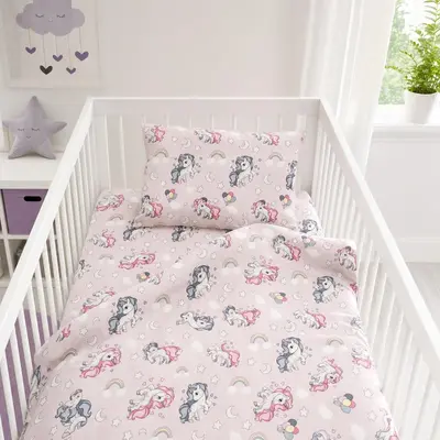 Lenjerie pat bebe 120x60 cm bumbac ranforce 3 piese Unicorni - ASC6427968020743