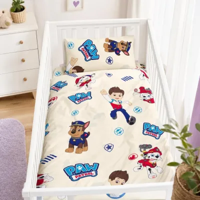 Lenjerie patut bebe 120x60 cm bumbac ranforce 3 piese Paw Patrol Crem - ASC6427968020798