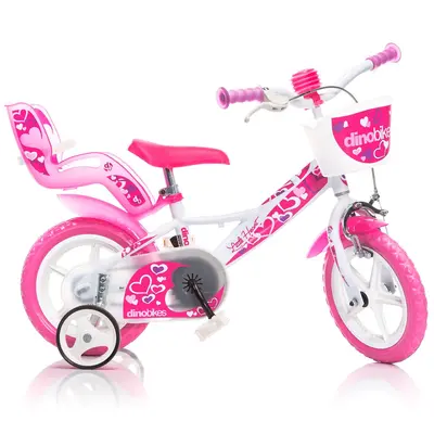 Bicicleta pentru copii little hearth db-124rln-05lh dino bikes, 12 inch, alb si roz