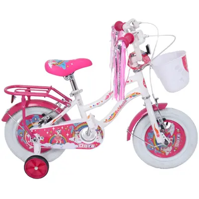 Bicicleta pentru copii 2-4 ani belderia dora, roti 12 inch, cu roti ajutatoare si frane v-brake, alb, cu cosulet si portbagaj