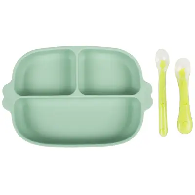 Set hranire bebe din silicon, 1 farfurie compartimentata cu ventuza, 2 lingurite marimi diferite, fara bpa, verde, kidscare