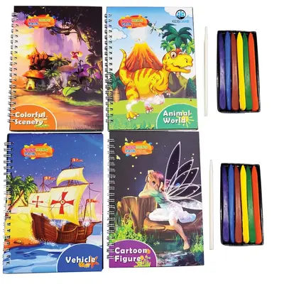 Set 4 caiete de colorat razuibile cu diverse teme si cu 12 culori, rechizite scolare, multicolor, 19 cm x 13 cm