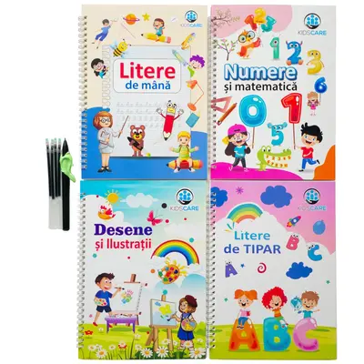 Set 4 caiete magice kidscare in limba romana pentru caligrafie &ndash; litere de mana, litere de tipar, cifre si desen, 26x18.5 cm