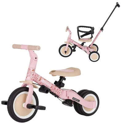 Tricicleta, Petite&Mars, Turbo, Editie limitata, 5 in 1, Multifunctionala, Vehicul de impins, Bicicleta cu/fara pedale, Cu maner de ghidaj, Detasabil, Roti din cauciuc, Pana la 25 kg, 1.5-5 ani, Rosy Wilderness BYN613359
