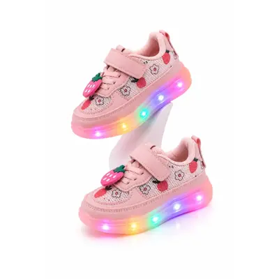 Pantofi sport cu lumini led, model cu capsuni, fete, piele ecologica si textil, roz adt-19-1