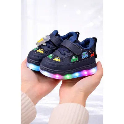 Pantofi sport cu lumini led, model masinute, piele ecologica si textil, baieti, bleumarin adt-51-1