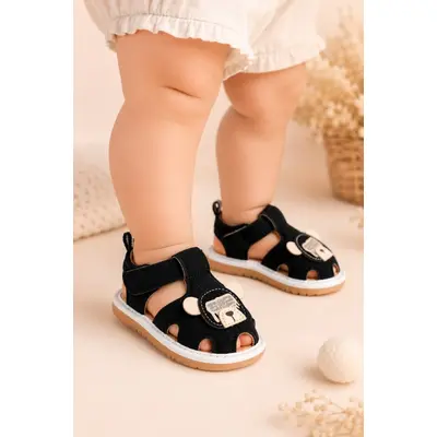 Sandale cu piuitoare, talpa moale, flexibila, model happy bear, baieti, negru snd5-11-1