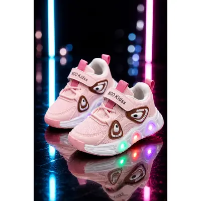 Pantofi sport cu lumini led, model super panda, textil, fete, roz adt-19-1