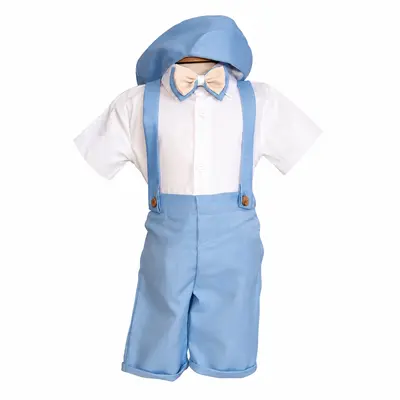 Costum botez baiat bleu cu pantaloni trei sferturi cu bretele, camasa tip body, papion si bascuta eleganta, Denikos&reg; H046