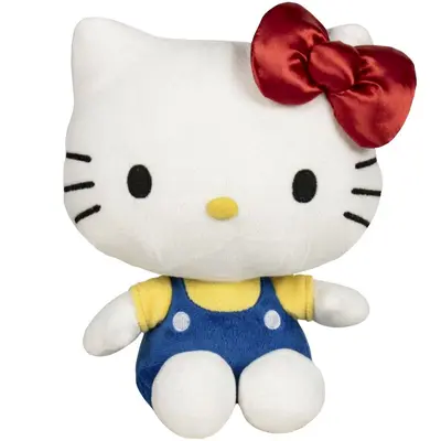 Jucarie din plus Hello Kitty cu salopeta albastra si funda rosie, 15 cm