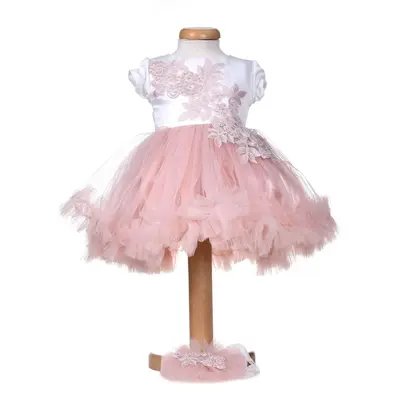 Rochita botez maneca scurta pentru fete, alb - roz pudra, cu dantela, tulle si bentita - tinuta eleganta pentru botez Denikos&reg; H049
