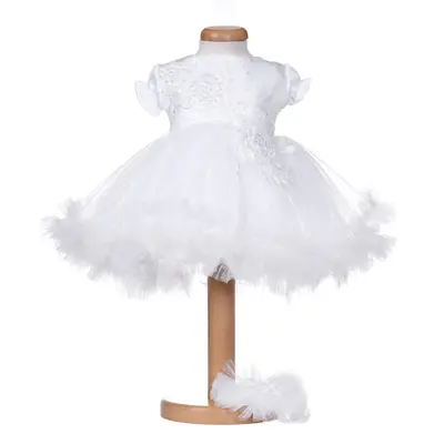 Rochita botez maneca scurta pentru fetita, alba, cu dantela, tulle si bentita - tinuta eleganta pentru botez Denikos&reg; H051