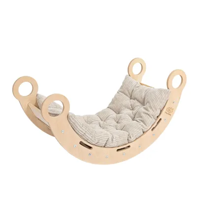 Balansoar Montessori Din Lemn Dream Rocker Meowbaby ,   Marime Mica, Cu Perna Bej, Multifunctional Leagan + Tunel + Scara   Placaj Lacuit Pjbsdrwb01