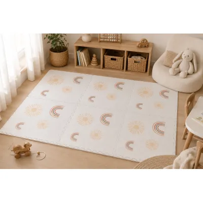 Covor Puzzle Din Spuma Meowbaby 180x60cm ,   Alb Cu Soare E I Curcubeu, 6 Piese, Impermeabil, Termoizolant   Ce, En71 Pjbmpzputs