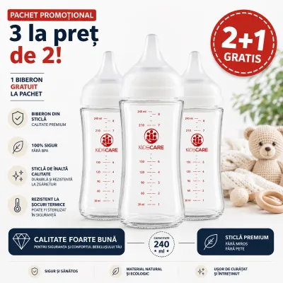 Pachet promo 3 biberoane din sticla borosilicat 240 ml kidscare cu tetina din silicon